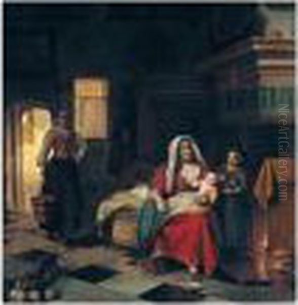 A Domestic Interior With A 
Mother Nursing Her Children Before A Fireplace, A Maid Carrying A Pail 
Of Water Behind Oil Painting by Pieter De Hooch