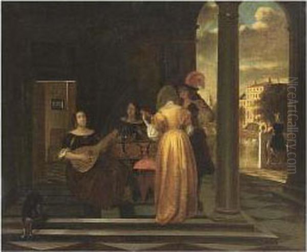 An Elegant Company Making Music In A Vestibule, With A View Of A City Beyond Oil Painting by Pieter De Hooch