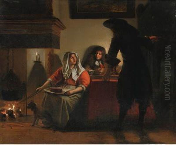 An Interior With Two Gentlemen And A Woman Beside A Fire Oil Painting by Pieter De Hooch