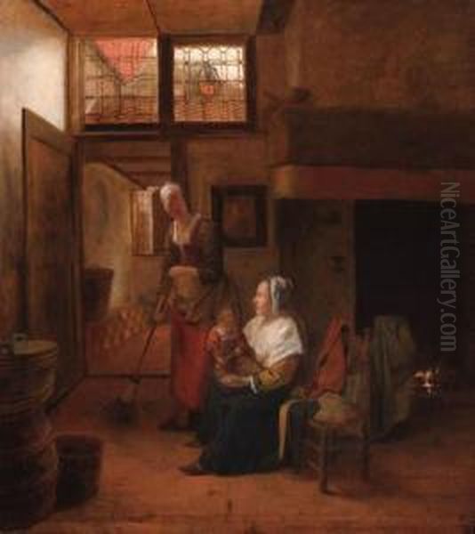 A Mother And Child With A Serving Woman In An Interior, A Hallwaybeyond Oil Painting by Pieter De Hooch