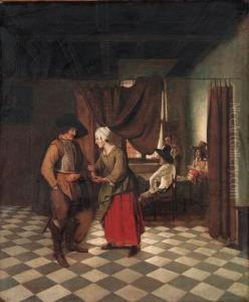 An Interior With A Soldier Paying A Servant Oil Painting by Pieter De Hooch