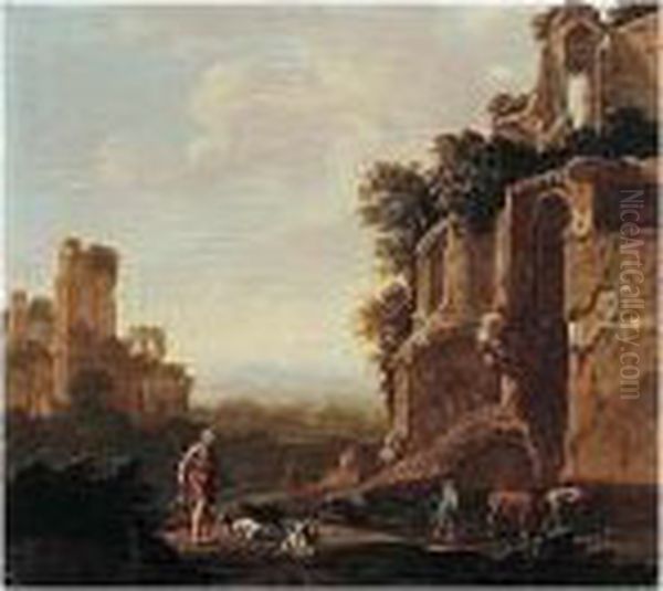 An Italianate Landscape With Herders And Animals Among Roman Ruins Oil Painting by Romeyn de Hooghe