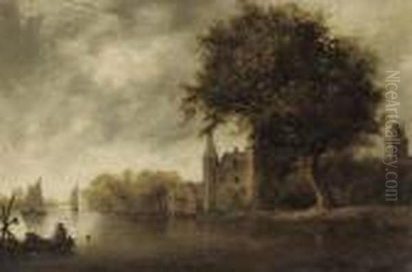 A Wooded River Landscape With Sailing Vessels Oil Painting by Reinier Van Der Laeck