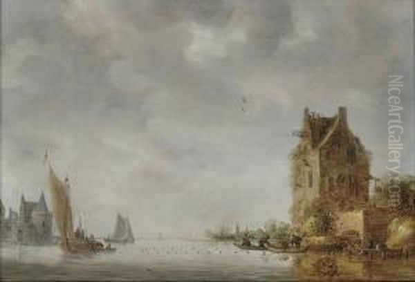 A River Landscape With Fishermen Attending Their Nets Oil Painting by Reinier Van Der Laeck