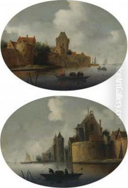 A River Estuary With A Fortified
 Village On The Left Bank, A Rowing Boat In The Foreground Oil Painting by Reinier Van Der Laeck