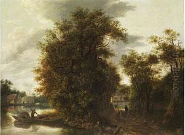 Abendliche Baumlandschaft Mit Fluss Und Gebaude Imhintergrund Oil Painting by Reinier Van Der Laeck