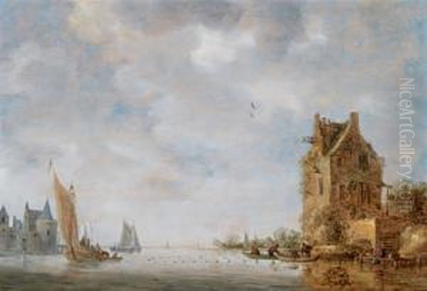 Ampio Paesaggio Fluviale Con Pescatori Oil Painting by Reinier Van Der Laeck