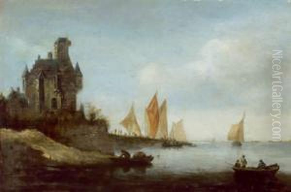 Paesaggio Fluviale Con Una Fortezza E Barche Di Pescatori Oil Painting by Reinier Van Der Laeck