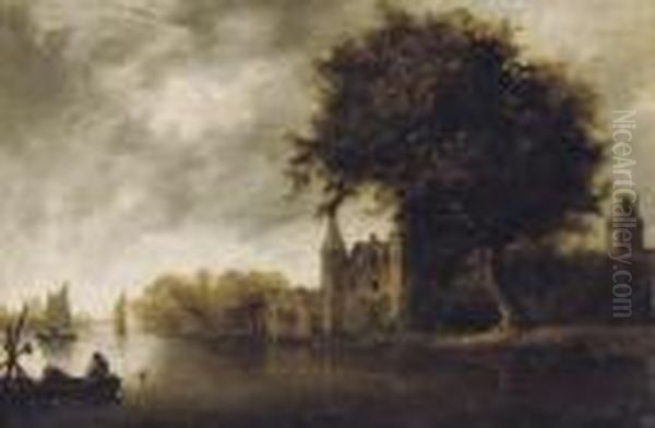 A Wooded River Landscape With Sailing Vessels, A Castle Nearby Oil Painting by Reinier Van Der Laeck