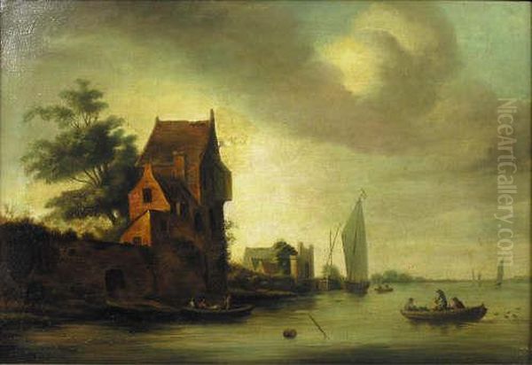 A River Scene With Figures In Boats Oil Painting by Reinier Van Der Laeck