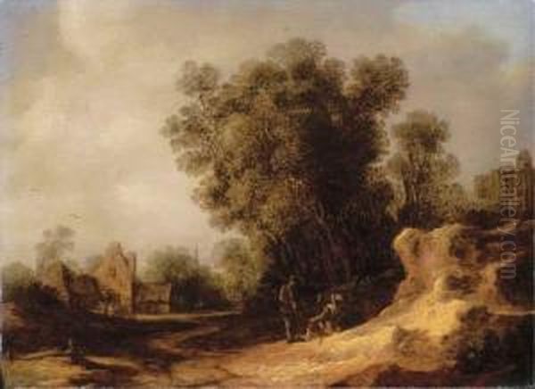 A Landscape With Peasants Resting On A Bank, A Village Beyond Oil Painting by Reinier Van Der Laeck