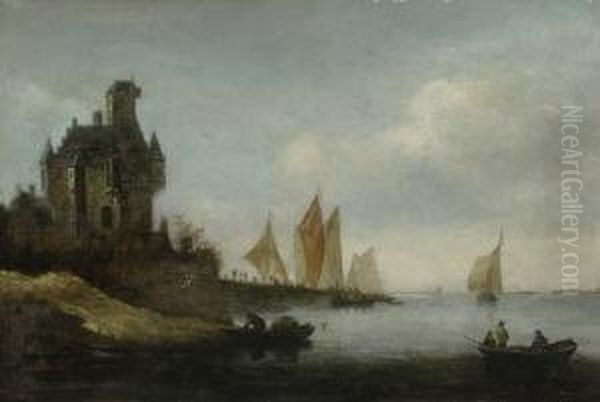 Schlos Mit Eckturmchen Und
 Bootssteg Am Linken Ufer Eines Flusses. Oil Painting by Reinier Van Der Laeck