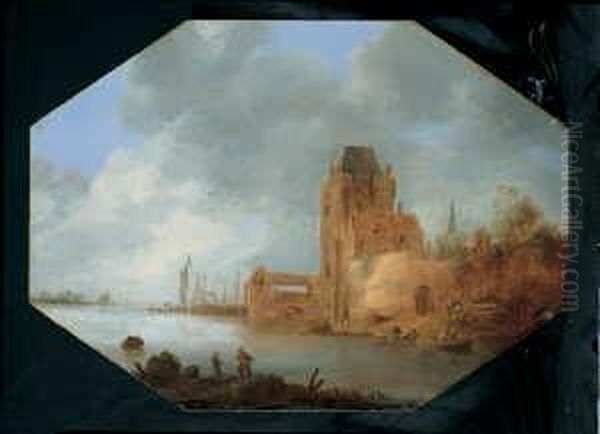 Zwei Landschaften. 1. 
Flusslandschaft Mit Turm Und Bastion Am Rechten Ufer. 2. Klostergebaude 
An Einem Bachlauf. Oil Painting by Reinier Van Der Laeck