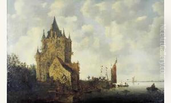 Forteresse Medievale Devant Un Paysage Fluvial Oil Painting by Reinier Van Der Laeck