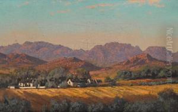 South African Landscape With White Buildings Oil Painting by Tinus De Jong