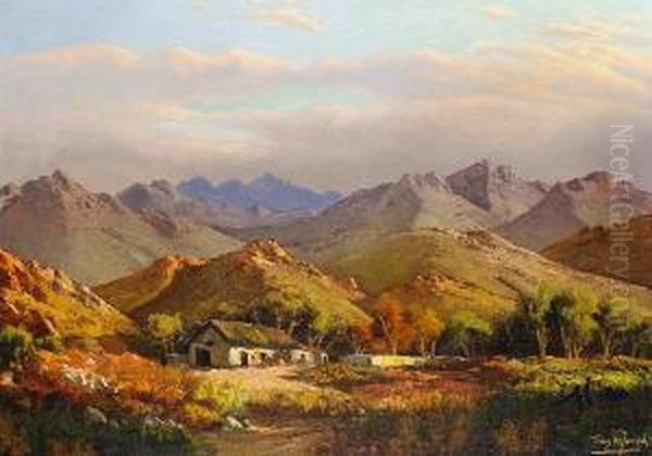 A Farmstead In A Mountain Landscape Oil Painting by Tinus De Jong