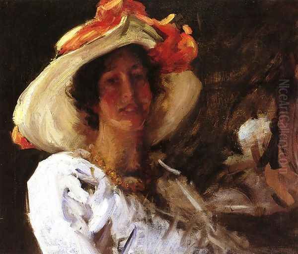 Portrait Of Clara Stephens Wearing A Hat With An Orange Oil Painting by William Merritt Chase