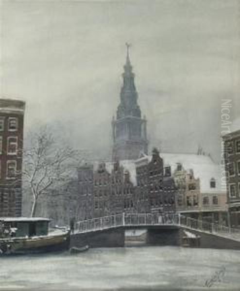 Wintersday In Amsterdam, The Zuidertoren Beyond Oil Painting by Tinus De Jong