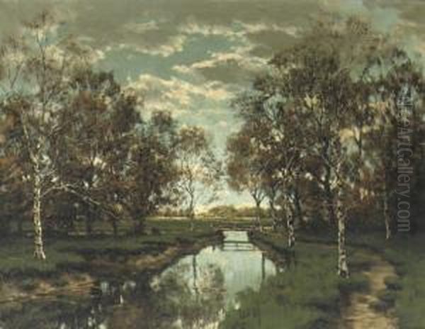 De Voordense Beek: A Sunny Autumn Landscape With Birches Oil Painting by Tinus De Jong