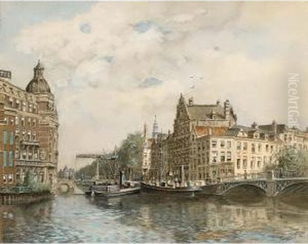 View On The Amstel And The Kloverniersburgwal, Amsterdam Oil Painting by Tinus De Jong