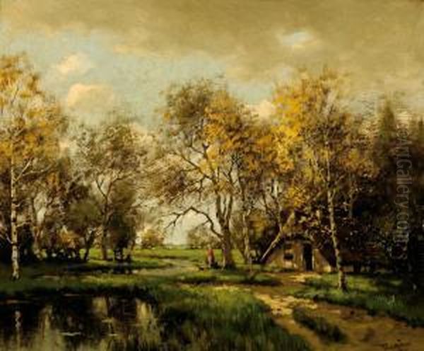 Farm Amongst Trees And A Road Along A Brook Oil Painting by Tinus De Jong