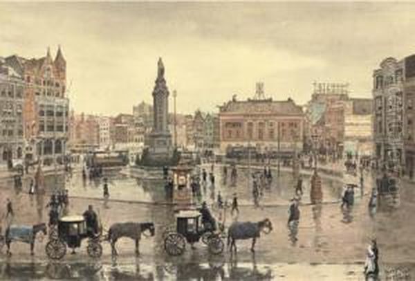 Dam Square On A Rainy Day, Seen From The Royal Palace, Amsterdam Oil Painting by Tinus De Jong