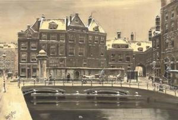 The Rokin In Winter, Amsterdam Oil Painting by Tinus De Jong