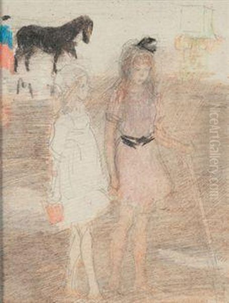 Deux Fillettes Sur La Plage Oil Painting by Johan Antonio de Jonge