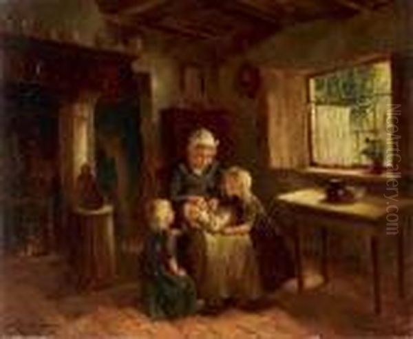 Junge Mutter Mit Ihren Kindern In Der Kuche Oil Painting by Johan Antonio de Jonge