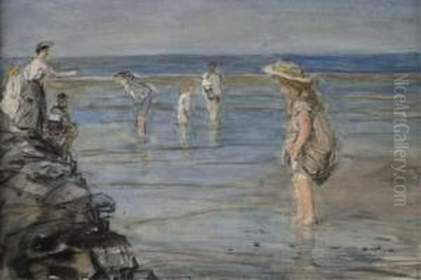 A Day At Scheveningen Beach Oil Painting by Johan Antonio de Jonge