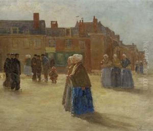 Figures In Traditional Dress In A Sunlit Street Oil Painting by Johan Antonio de Jonge