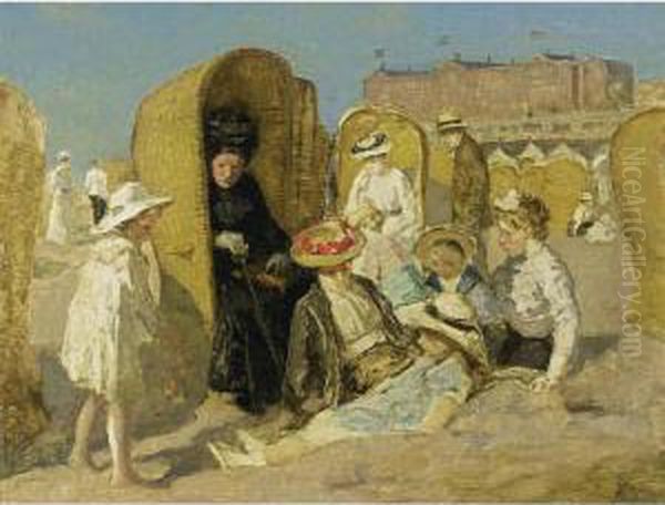 Elegant Company On Scheveningen Beach, The Palace Hotel In The Background Oil Painting by Johan Antonio de Jonge