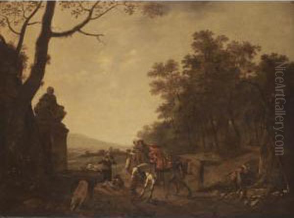 A Hunting Party Resting Beside A Fountain In A Wooded Landscape Oil Painting by Ludolf de Jongh