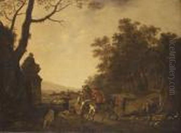 Hunting Party Resting Beside A Fountain In A Wooded Landscape Oil Painting by Ludolf de Jongh