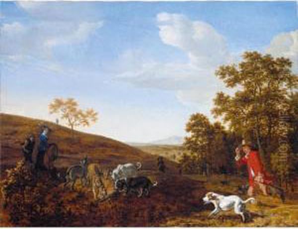 A Landscape With A Huntsman And His Hounds Attacking A Fox Oil Painting by Ludolf de Jongh