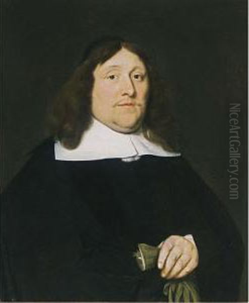 A Portrait Of A Gentleman, Half 
Length, Wearing A Black Costume With White Collar And Black Beret, 
Holding Gloves In His Left Hand; A Portrait Of His Wife, Half Length, 
Wearing A Black Dress With White Lace Collar, Cuffs And Bonnet, Holding A
 Fan  Oil Painting by Ludolf de Jongh