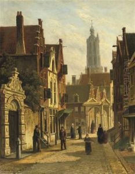 Figures In A Sunlit Street Oil Painting by Oene Romkes De Jongh