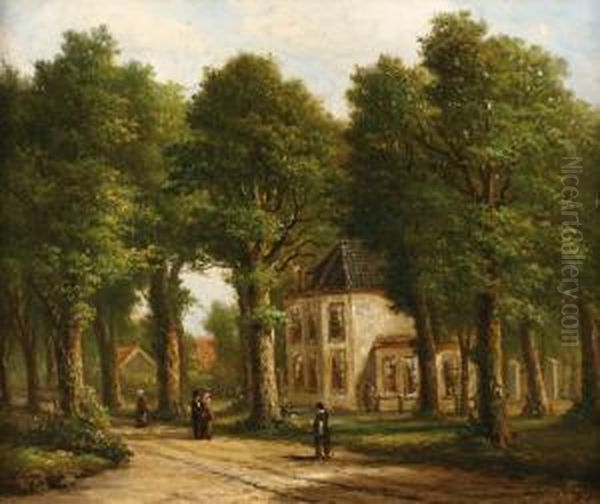 Landscape Withtrees And Some Peasants In A Lane Near A White House Oil Painting by Oene Romkes De Jongh