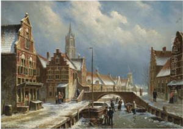 Figures On A Frozen Canal In A Dutch Town Oil Painting by Oene Romkes De Jongh