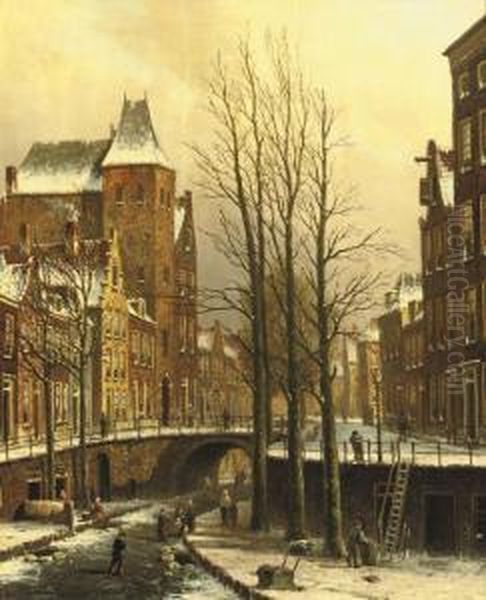 The Fortified City Castle Oudaen On The Oude Gracht In Winter, Utrecht Oil Painting by Oene Romkes De Jongh