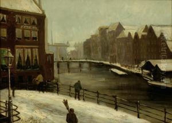 View Of The Amstel River With To The Right The Present Hotel De L'europe Oil Painting by Oene Romkes De Jongh