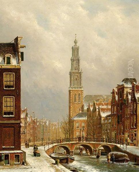 View Of Amsterdam In The Winter Oil Painting by Oene Romkes De Jongh