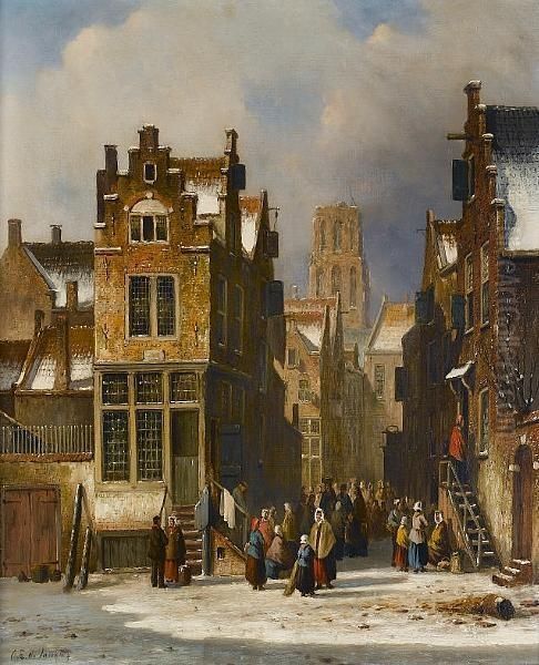 A Dutch Street Scene Oil Painting by Oene Romkes De Jongh