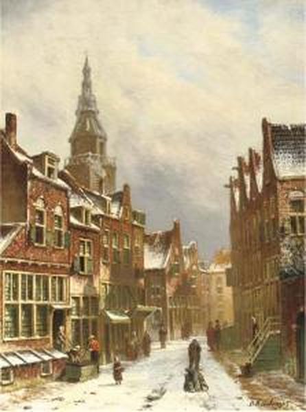 A Snow Covered Street Oil Painting by Oene Romkes De Jongh