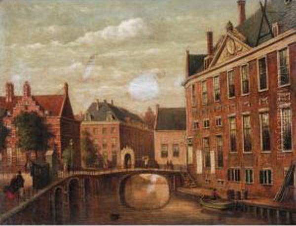 View Along A Dutch Canal Oil Painting by Oene Romkes De Jongh