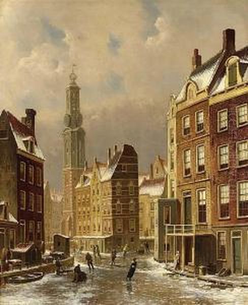 Munttoren Amsterdam Oil Painting by Oene Romkes De Jongh