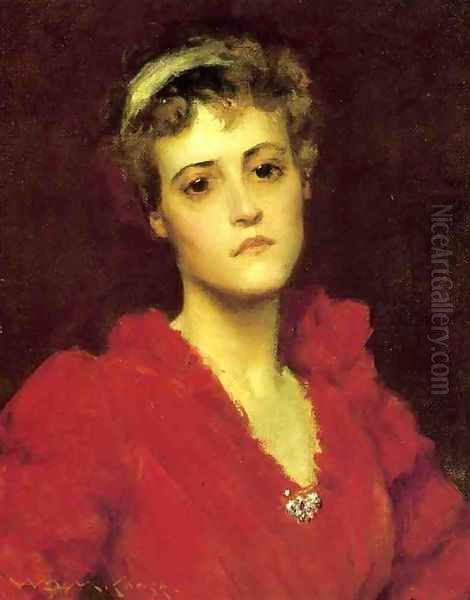 The Red Gown Oil Painting by William Merritt Chase