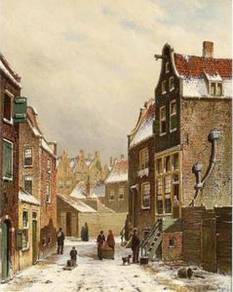 Villagers In A Snowy Dutch Town Oil Painting by Oene Romkes De Jongh