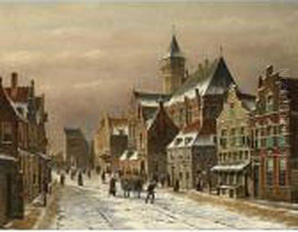 A Snow Covered Dutch Town Oil Painting by Oene Romkes De Jongh