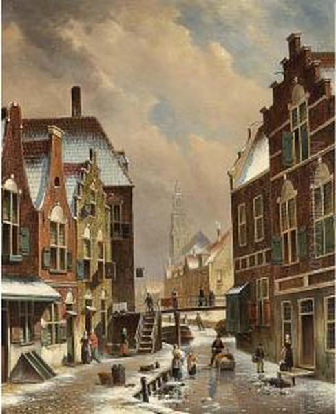 A Dutch Town In Winter With Figures On A Frozen Canal Oil Painting by Oene Romkes De Jongh